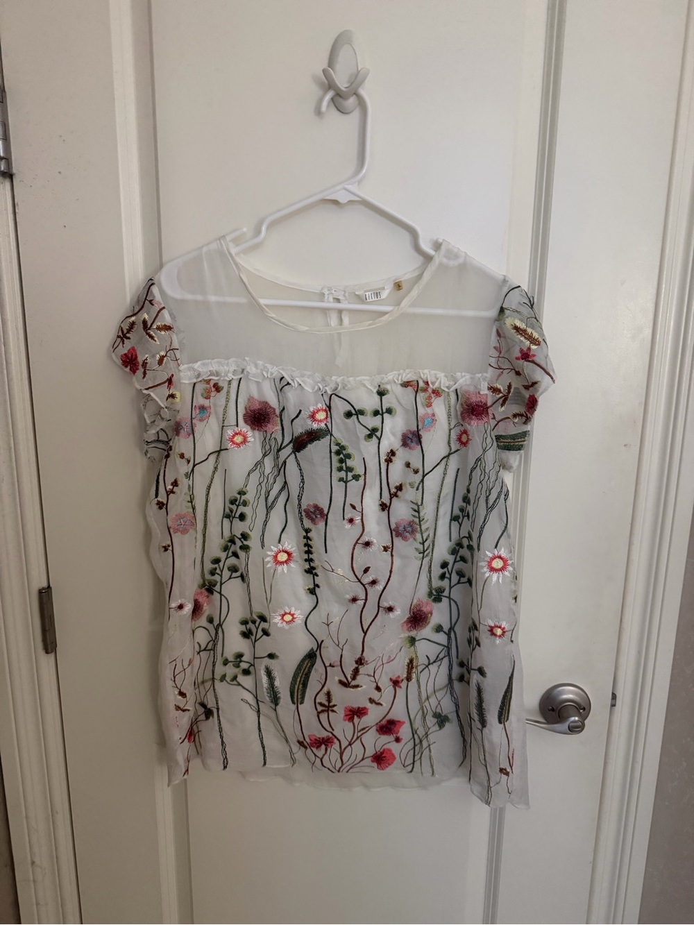Kaktus White Sheer Top with Multicolor Floral Embroidery